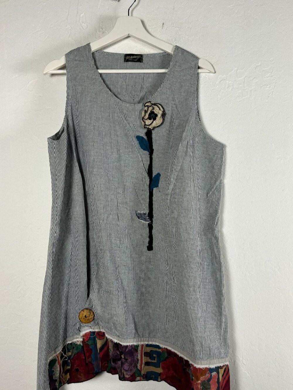 Vintage Lee Andersen Artisan Pinstripe Sleeveless Applique Floral Tunic Large